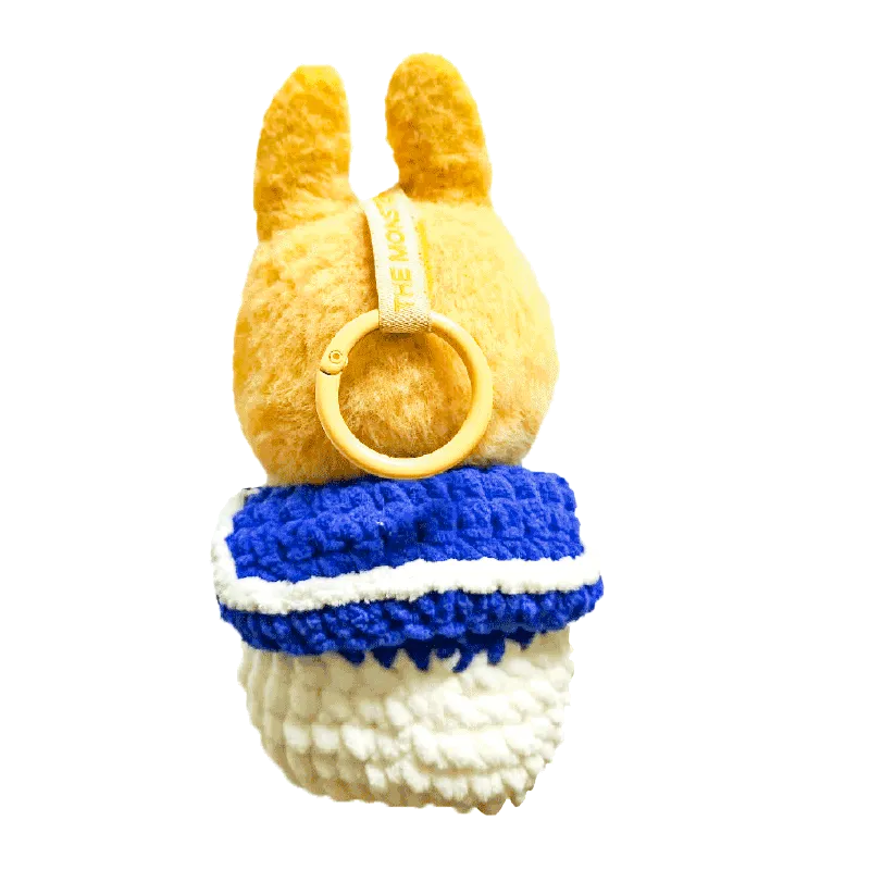 Handmade plush crochet Donald Duck bag keychain using crochet donald duck bag pattern in yellow blue and white