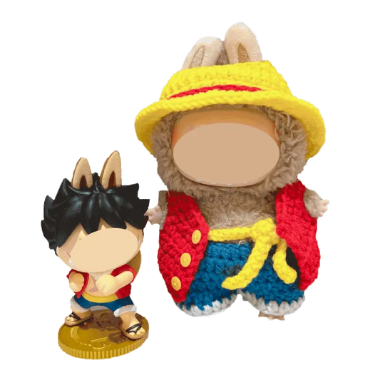 Luffy crochet doll outfit pattern featuring a handmade colorful crochet outfit on a plush doll next to an anime figure