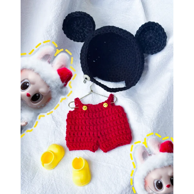 Red crochet shorts and black hat with ears Mickey inspired doll outfit with yellow shoes on white background