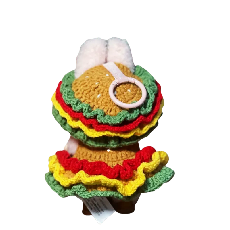 Plush doll burger costume DIY with colorful layered crochet bun and ruffled lettuce tomato and cheese details