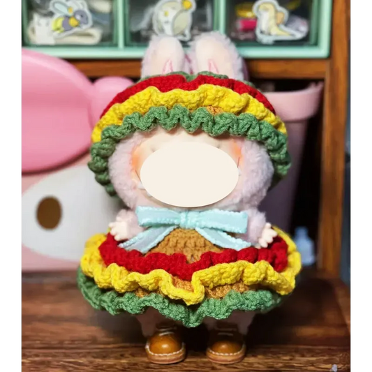 Redbook plush doll burger costume DIY with soft bunny ears and a knitted white dress