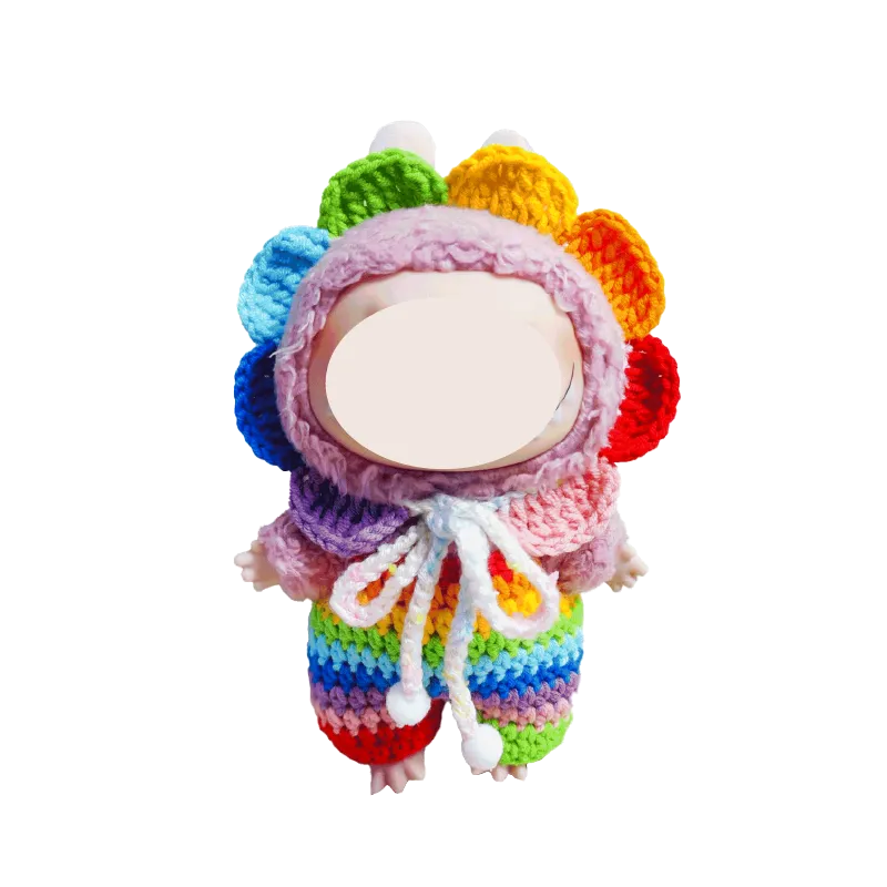 Rainbow crochet doll outfit pattern featuring a colorful flower petal hood and matching striped pants