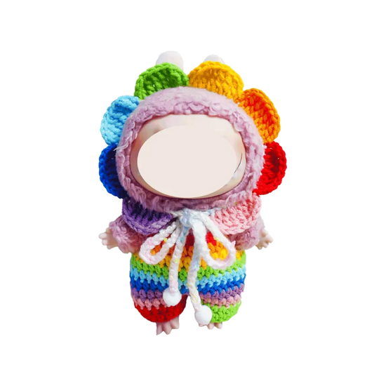 Rainbow crochet doll outfit pattern featuring a colorful flower petal hood and matching striped pants