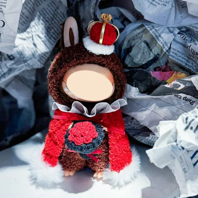 Handmade doll wearing royal king crochet pattern outfit with red cape and crown by redbook