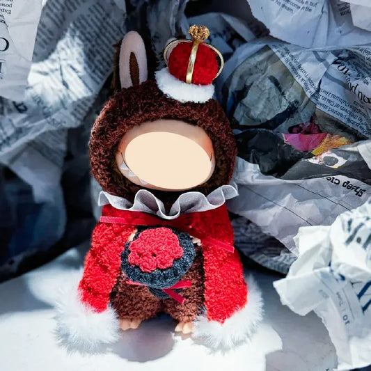 Handmade doll wearing royal king crochet pattern outfit with red cape and crown by redbook