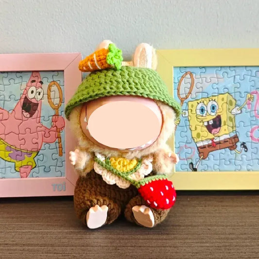 Strawberry carrot doll crochet pattern by The Knit Krazy featuring a cute bunny with a green hat and accessories