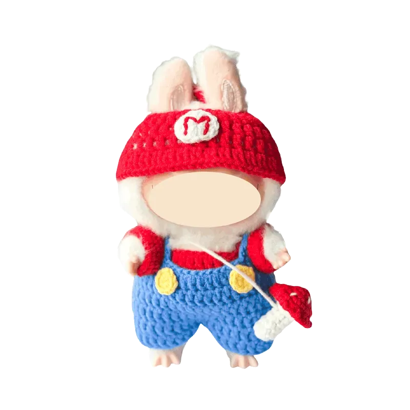 Super Mario crochet pattern featuring a crocheted bunny dressed in red hat and blue overalls costume
