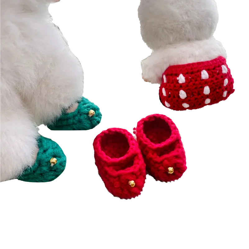 Red and green crocheted doll shoes and red polka dot skirt on white doll with sweetheart doll outfit pattern