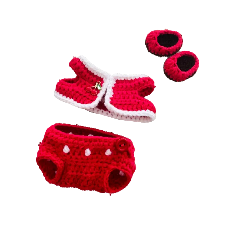Red and white crocheted doll clothes including sweater, diaper cover, and booties sweetheart doll outfit pattern