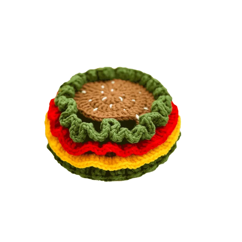 Handcrafted crochet hamburger coaster set with colorful yarn layers by The Knit Krazy