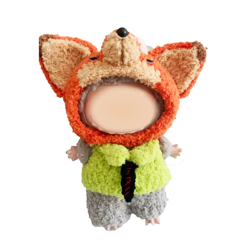 Redbook plush doll wearing a fuzzy fox costume with large orange ears and green outfit