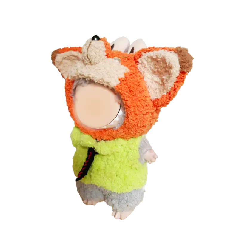 Redbook plush fox costume for dolls with orange hood and green body outfit