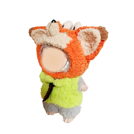 Redbook plush fox costume for dolls with orange hood and green body outfit