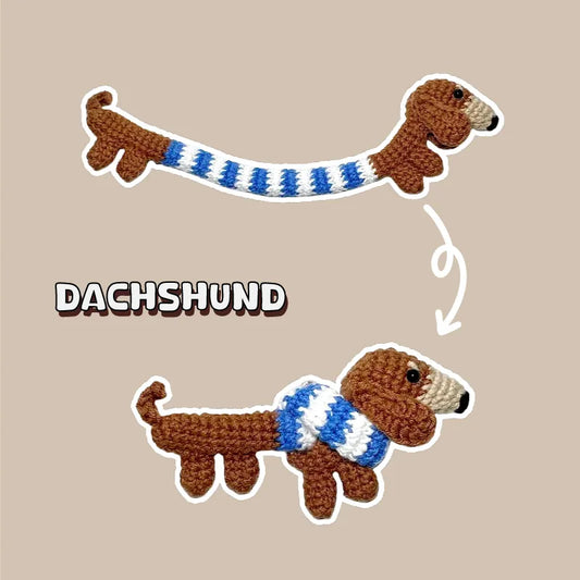 DIY dachshund amigurumi crochet diagram by The Knit Krazy showing step-by-step assembly of the crocheted dog