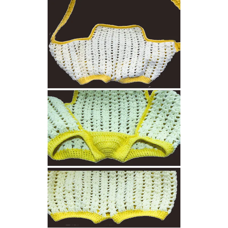 Zimomo crochet outfit pattern showcasing white and yellow handmade crochet top and shorts details
