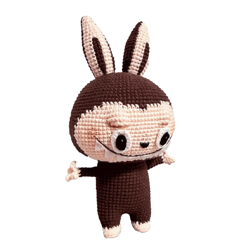 Zimomo inspired crochet pattern plush toy featuring brown and cream bunny character with large ears