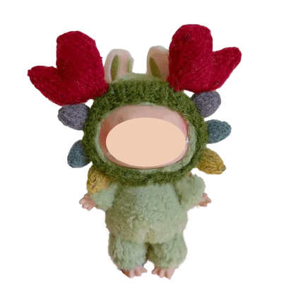 17cm crab flower knitted plush tutorial showing a green plush figure with red crab claw details