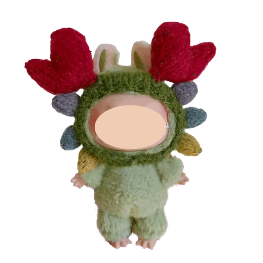 17cm crab flower knitted plush tutorial showing a green plush figure with red crab claw details