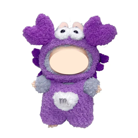 Purple plush toy with a white belly on a white background