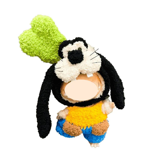 Plush toy resembling a cartoon character with a green object on a white background