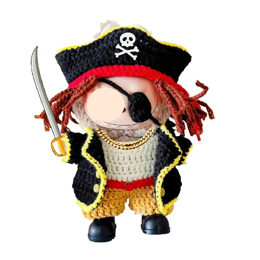 Crocheted pirate doll with a sword on a white background