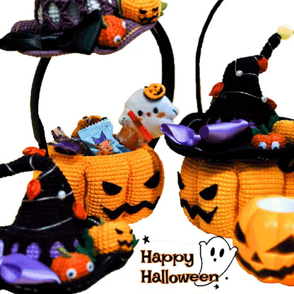 Halloween-themed crochet baskets with pumpkins and witches' hats on a white background.
