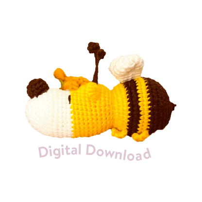 Crochet dog bee pattern digital download featuring a handmade stuffed animal in yellow and brown
