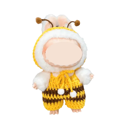 Bee crochet doll clothes pattern featuring yellow and brown striped outfit with hood and antennae