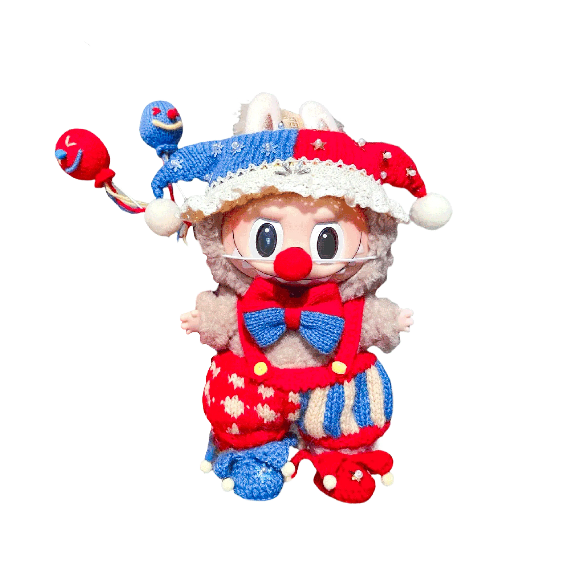 Colorful Circus Clown Crochet Pattern doll with red nose, blue and red jester hat, and patterned outfit