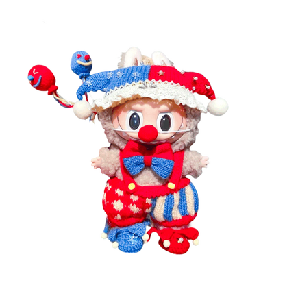 Colorful Circus Clown Crochet Pattern doll with red nose, blue and red jester hat, and patterned outfit
