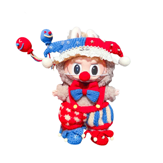 Colorful Circus Clown Crochet Pattern doll with red nose, blue and red jester hat, and patterned outfit