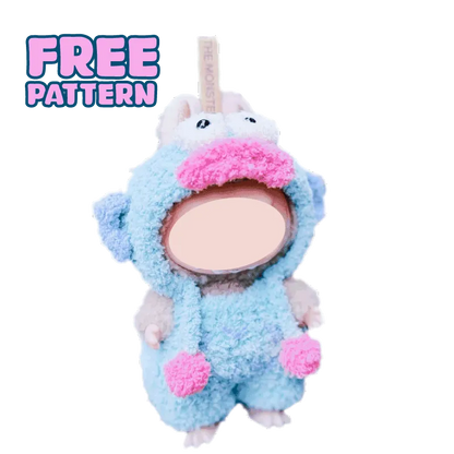 Free pattern advertisement featuring a plush doll in a blue and pink crochet fish costume clown fish crochet pattern