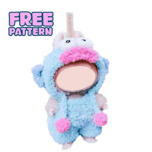 Free pattern advertisement featuring a plush doll in a blue and pink crochet fish costume clown fish crochet pattern