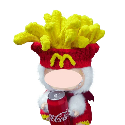 Crochet French fries doll outfit pattern with yellow fries details on soft gray doll body free pattern by redbook