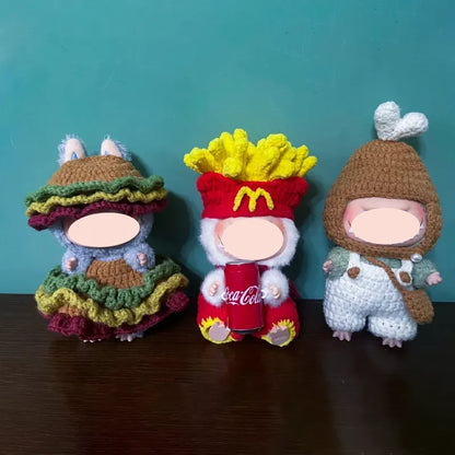 Plush bunny doll wearing a yellow woven hat as part of crochet French fries doll outfit pattern