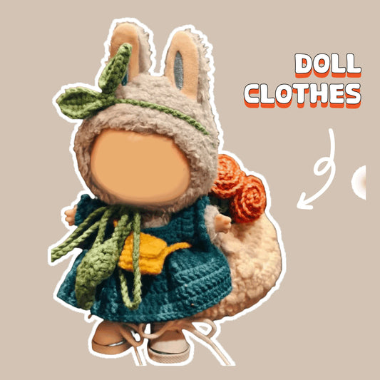 Crochet outfit pattern diagram featuring a doll dressed in a green dress and bunny hat with leaf accents