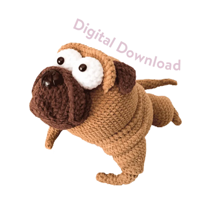 Crochet pug doll made from brown and tan yarn showing the crochet pug doll pattern digital download