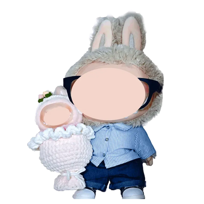 Digital crochet bouquet pattern featuring a crocheted doll holding a pink flower bouquet and wearing bunny ears