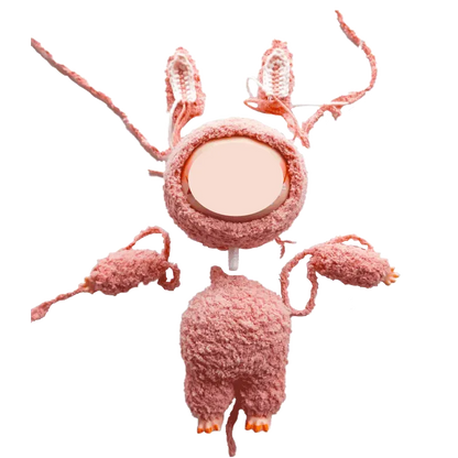Digital crochet pattern for 17cm dolls featuring a pink textured bunny costume with ears and mittens