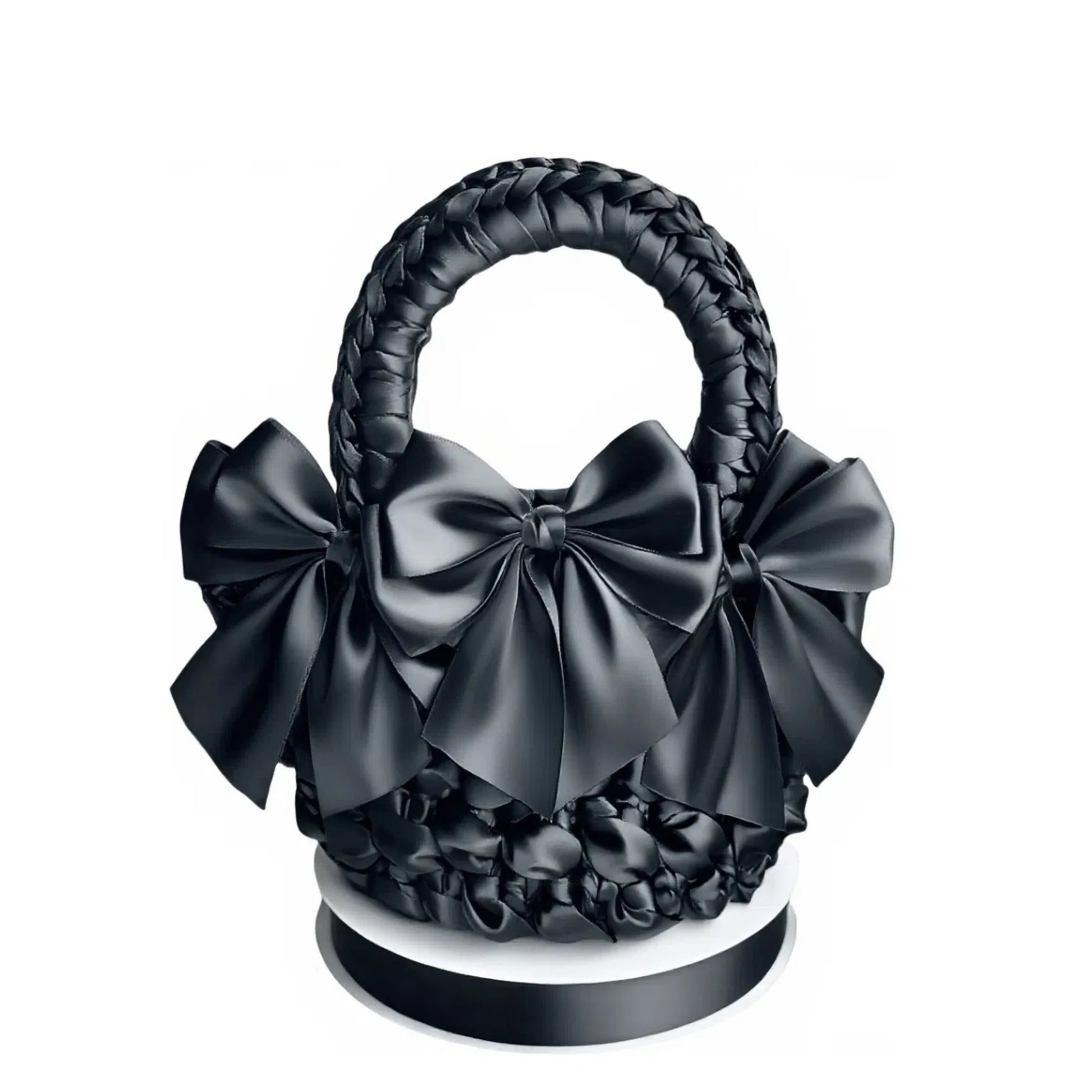 Black DIY bow adorned purse with braided handle and three large satin bows crochet diagram by redbook