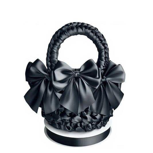 Black DIY bow adorned purse with braided handle and three large satin bows crochet diagram by redbook