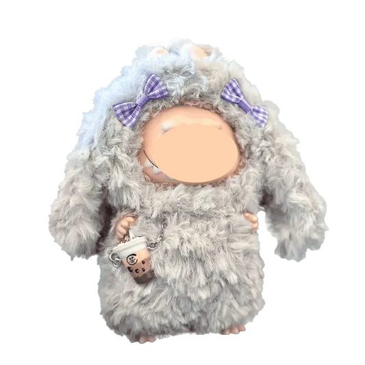 Fluffy bunny crochet doll wearing pink outfit and white hat featuring fluffy bunny crochet pattern digital