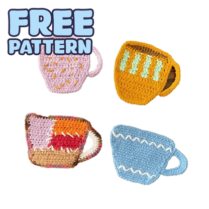 FREE｜beginner crochet cup coaster set featuring colorful handmade crochet cup-shaped coasters on black background