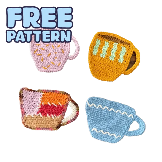 FREE｜beginner crochet cup coaster set featuring colorful handmade crochet cup-shaped coasters on black background