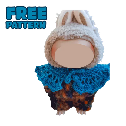 Plush doll wearing a blue crochet collar and a fluffy bunny hat with FREE｜crochet collar and hat pattern for plush dolls