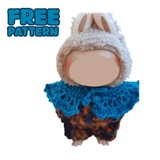 Plush doll wearing a blue crochet collar and a fluffy bunny hat with FREE｜crochet collar and hat pattern for plush dolls