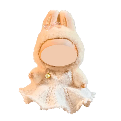 Digital download doll dress pattern featuring a cute knitted white dress with bunny hood and pink bow accents