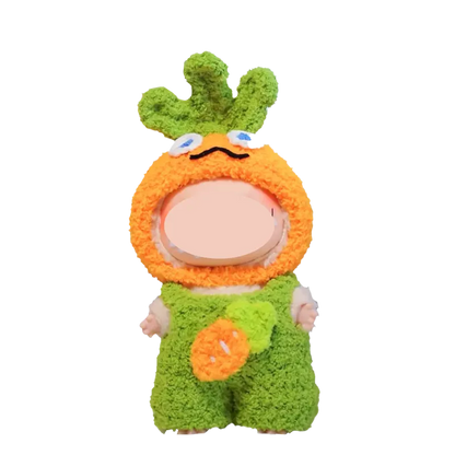 Adorable baby wearing a green and orange crochet carrot costume from fun crochet costume patterns