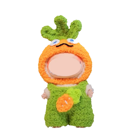 Adorable baby wearing a green and orange crochet carrot costume from fun crochet costume patterns