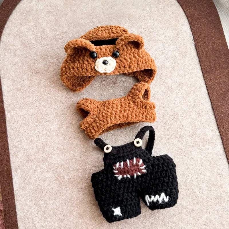 Handmade knit brown bear hat and black monster overalls set for babies by The Knit Krazy